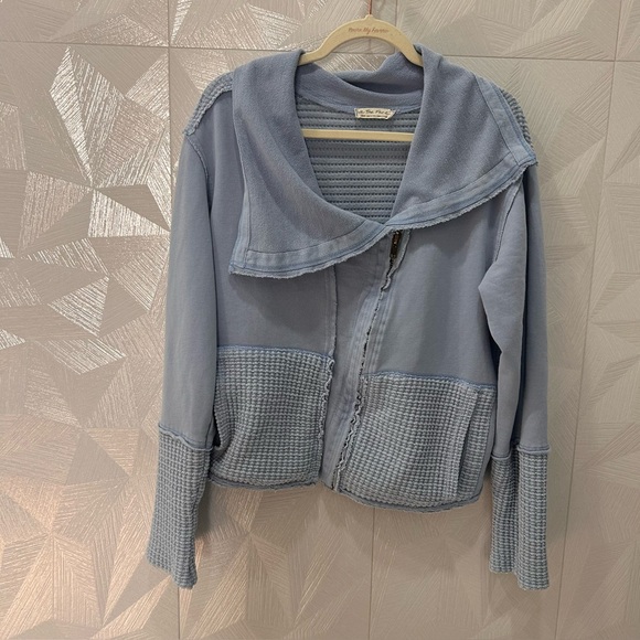 We The Free People Hazel Cardi Jacket Womens Large Sea Blue Waffle Knit Zip Up - Picture 2 of 9
